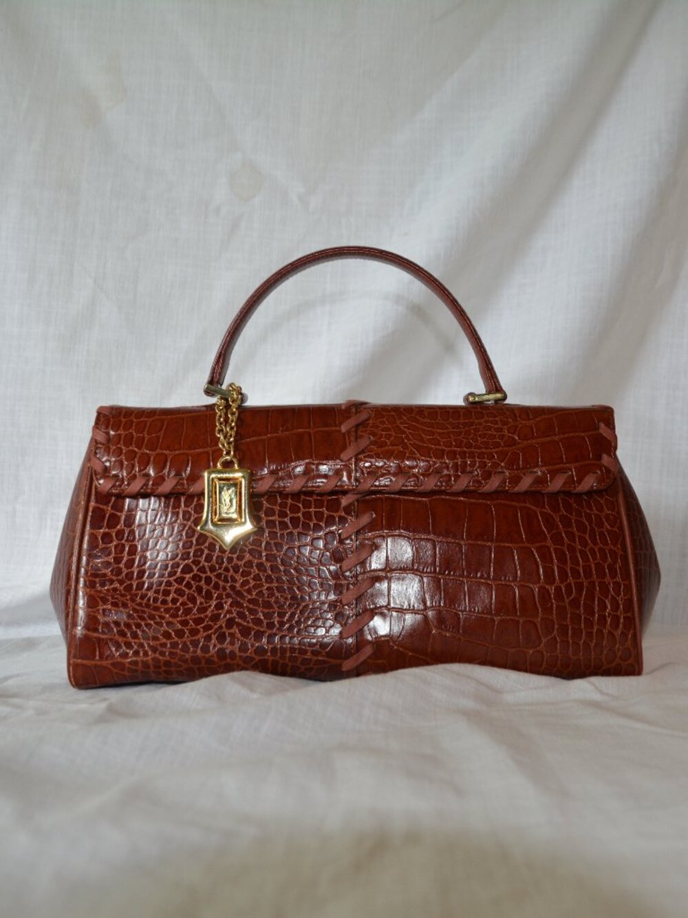 Vintage YSL Red Crocodile Embossed Leather Top Handle Bag
